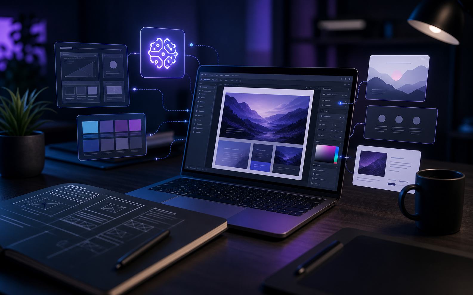 KI-gestütztes Webdesign mit Laptop, Layout-Elementen und digitaler Benutzeroberfläche